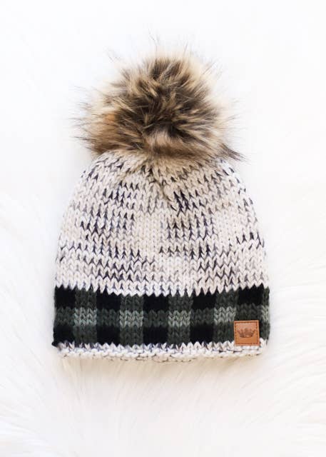 Gray Heather Pom Hat w/ Green Plaid Trim