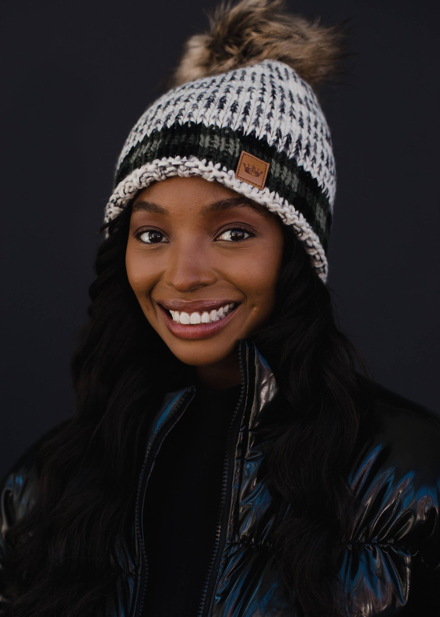 Gray Heather Pom Hat w/ Green Plaid Trim