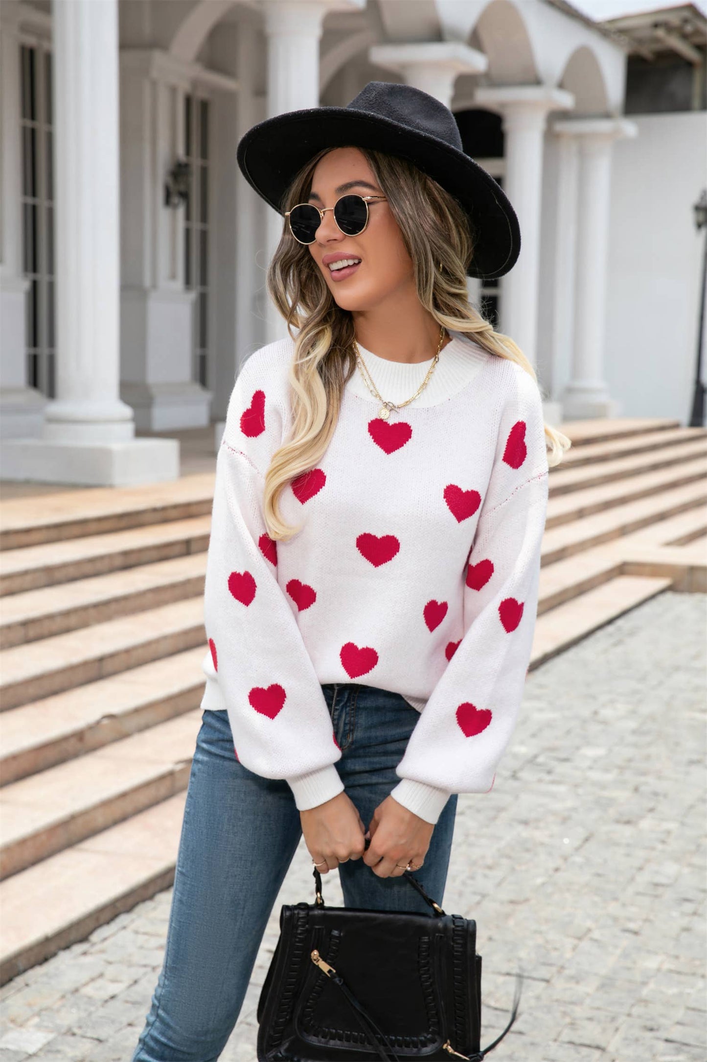 Grey & White Heart Print Knit Sweater