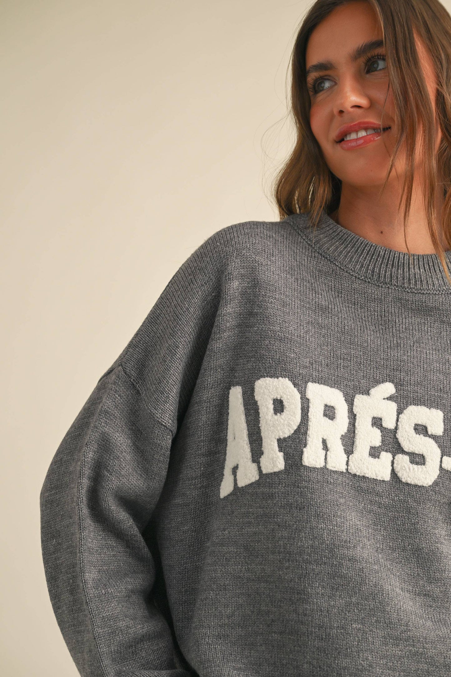 Apres Ski Letter Front Sweater - Gray