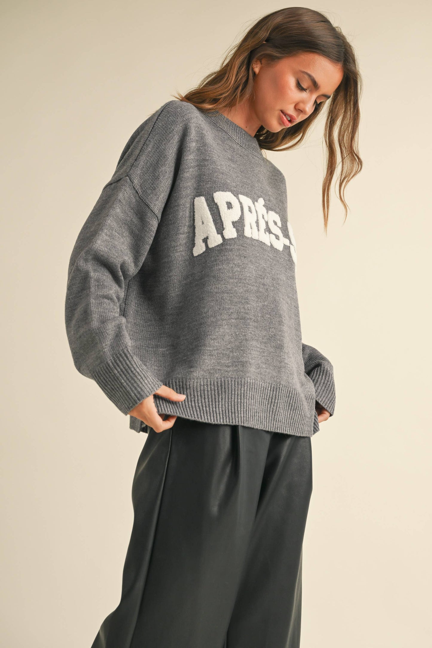 Apres Ski Letter Front Sweater - Gray