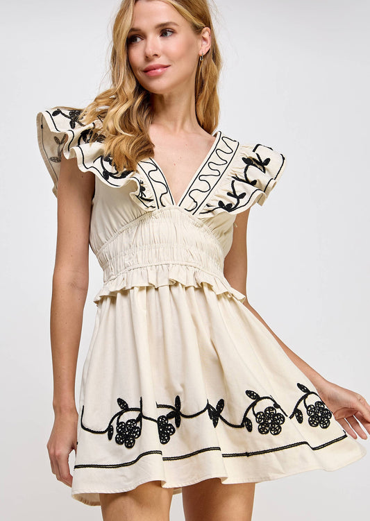 Embroidery Detail Ruffle Linen Mini Dress