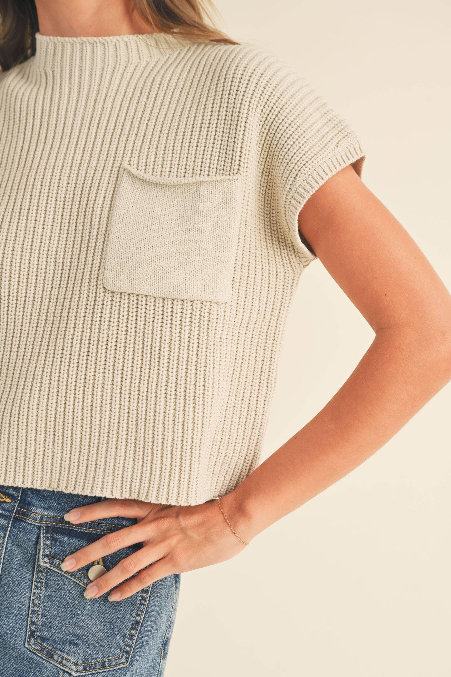 Half High Neck Sweater Knit Top - Stone