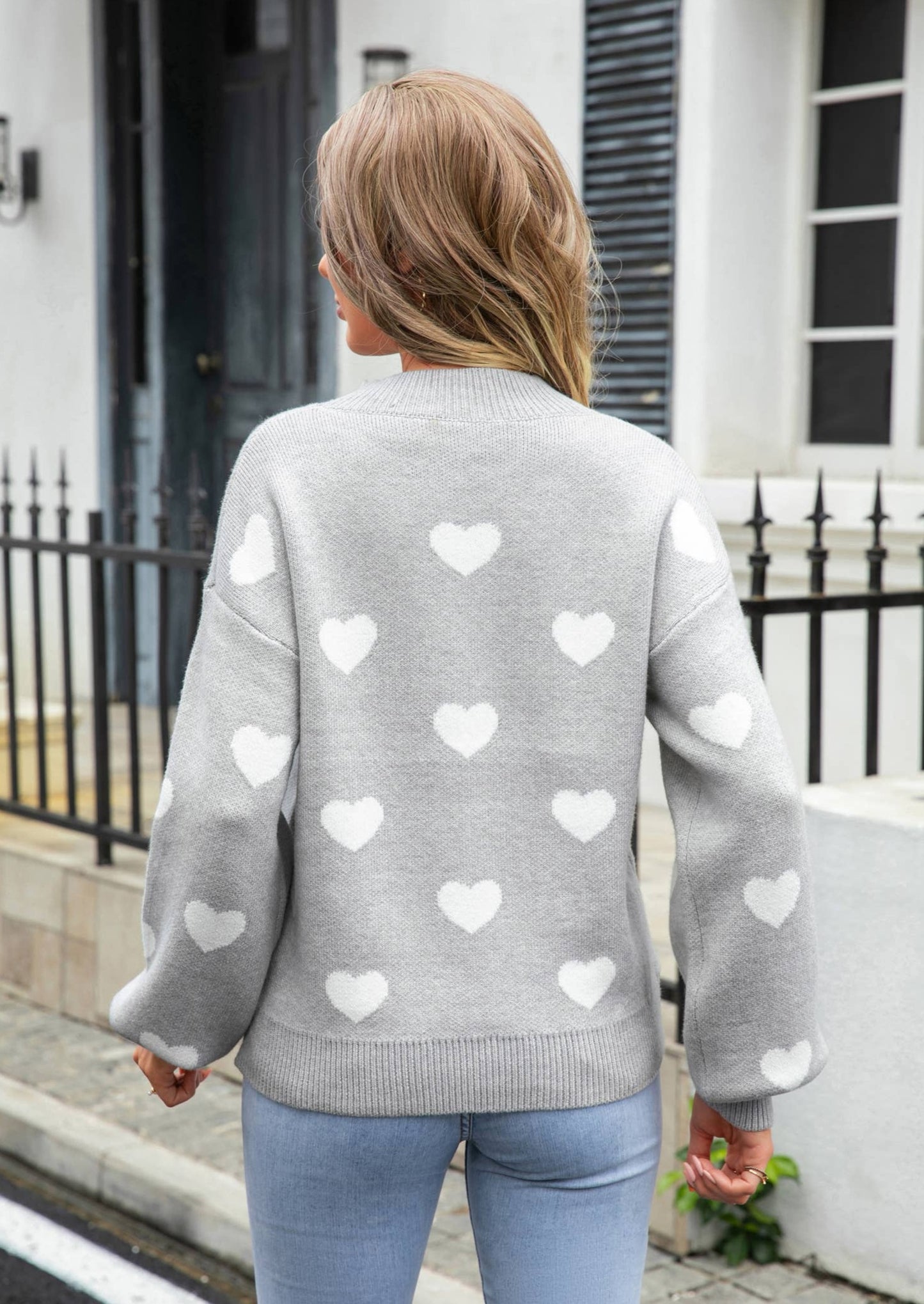 Grey & White Heart Print Knit Sweater