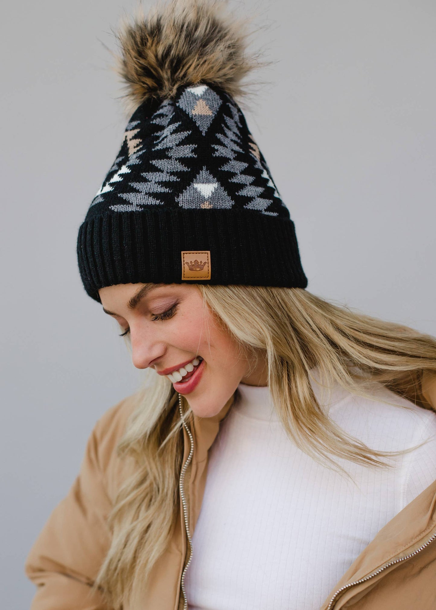 Black, Grey & Tan Tribal Pom Hat