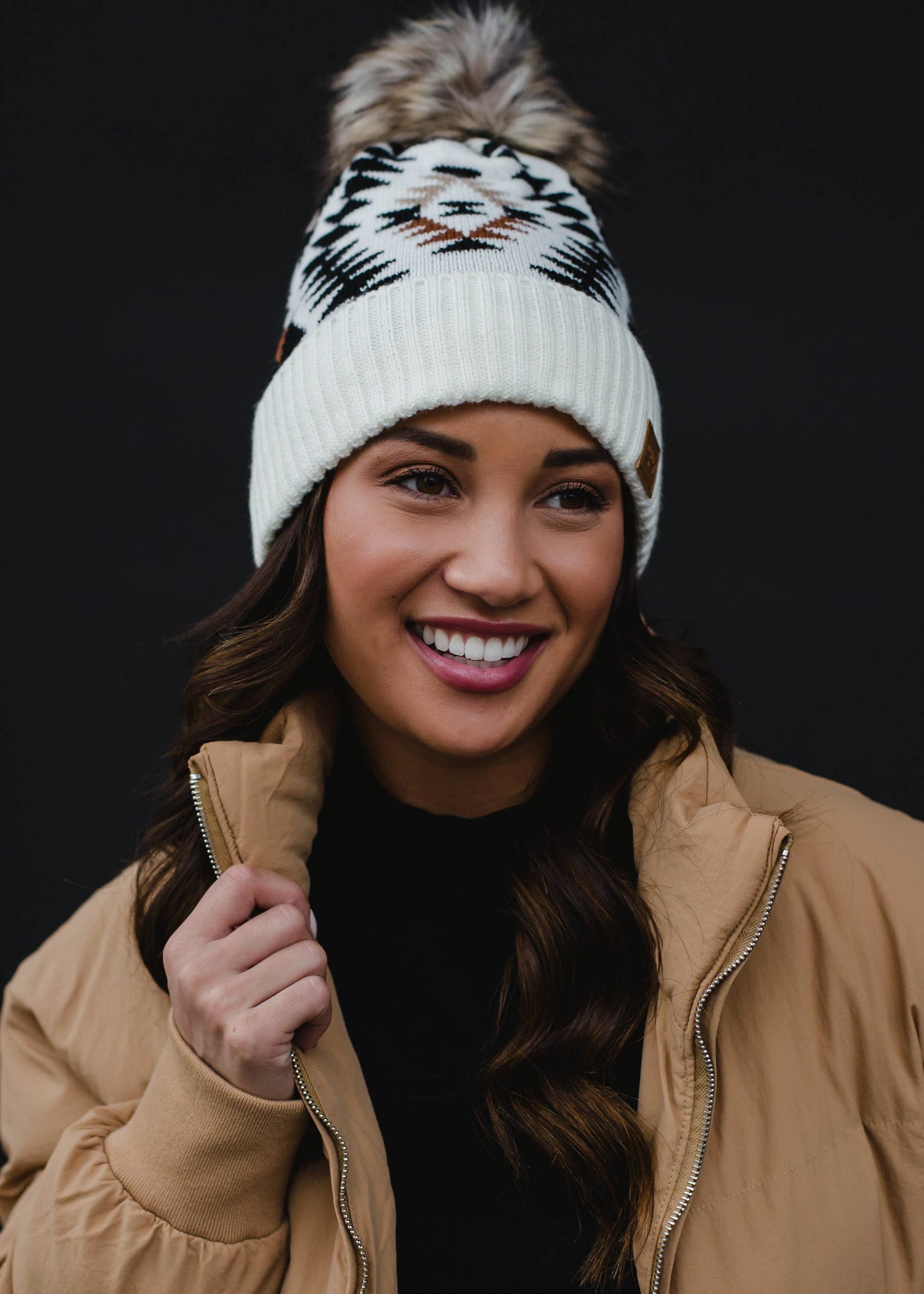 Cream, Black & Rust Tribal Pom Hat