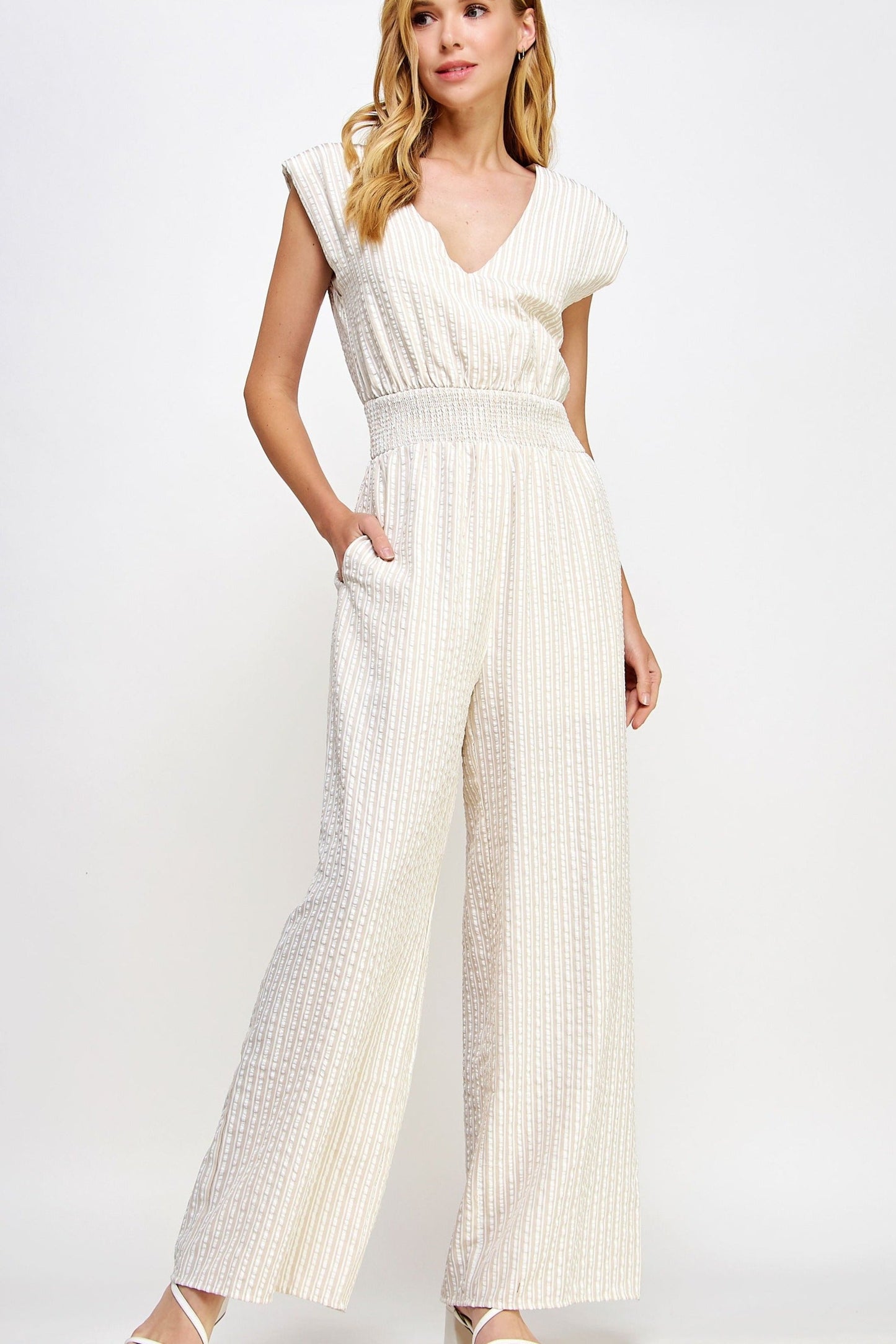 V-Neck Seersucker Jumpsuit