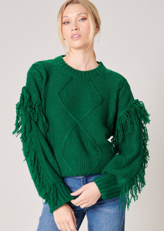 Green Bowman Fringe Sleeve Cable Knit Sweater