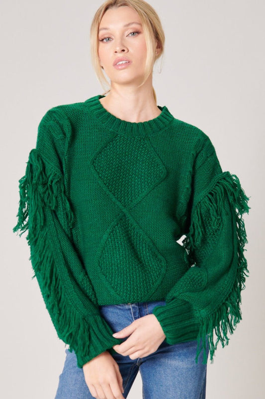 Green Bowman Fringe Sleeve Cable Knit Sweater