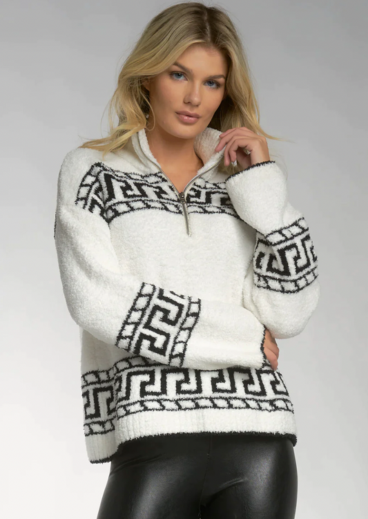 White and Black Printed Zip Sweater