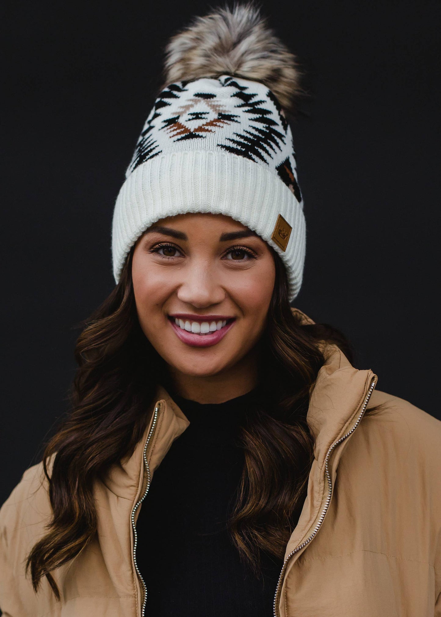 Cream, Black & Rust Tribal Pom Hat