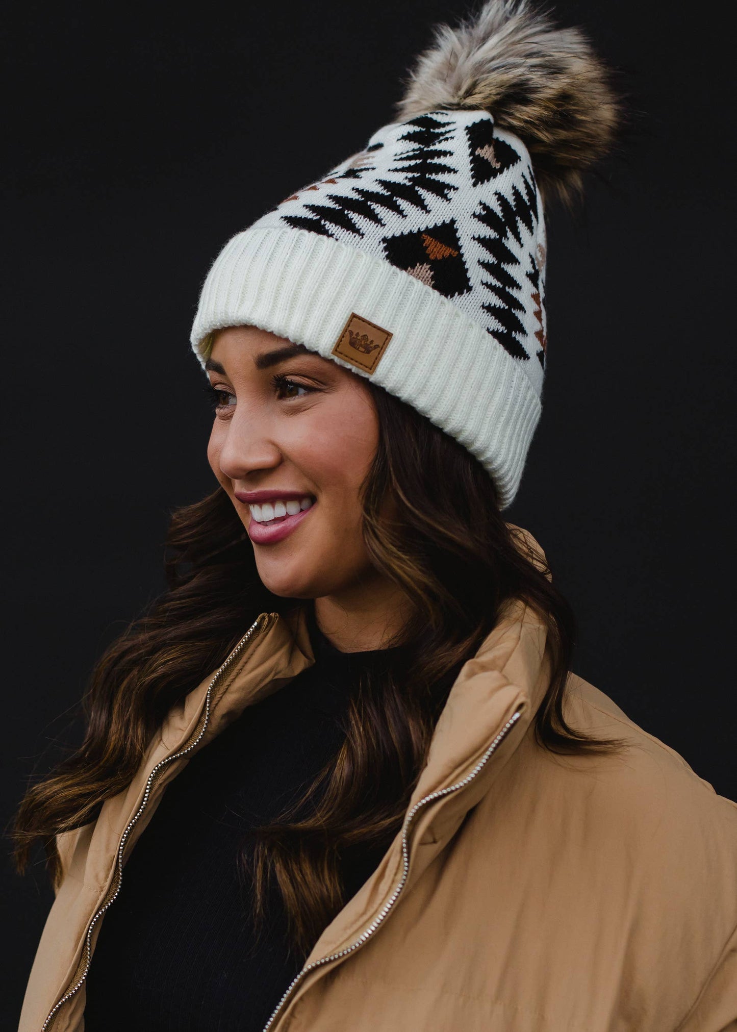 Cream, Black & Rust Tribal Pom Hat