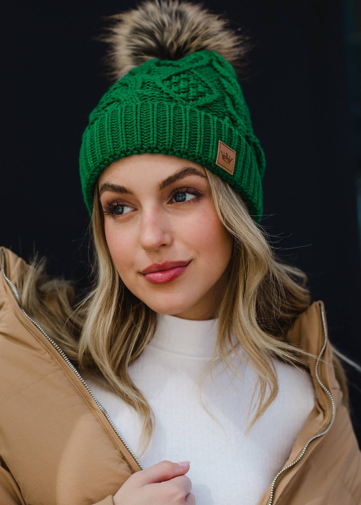 Classic Green Cable Knit Pom Hat