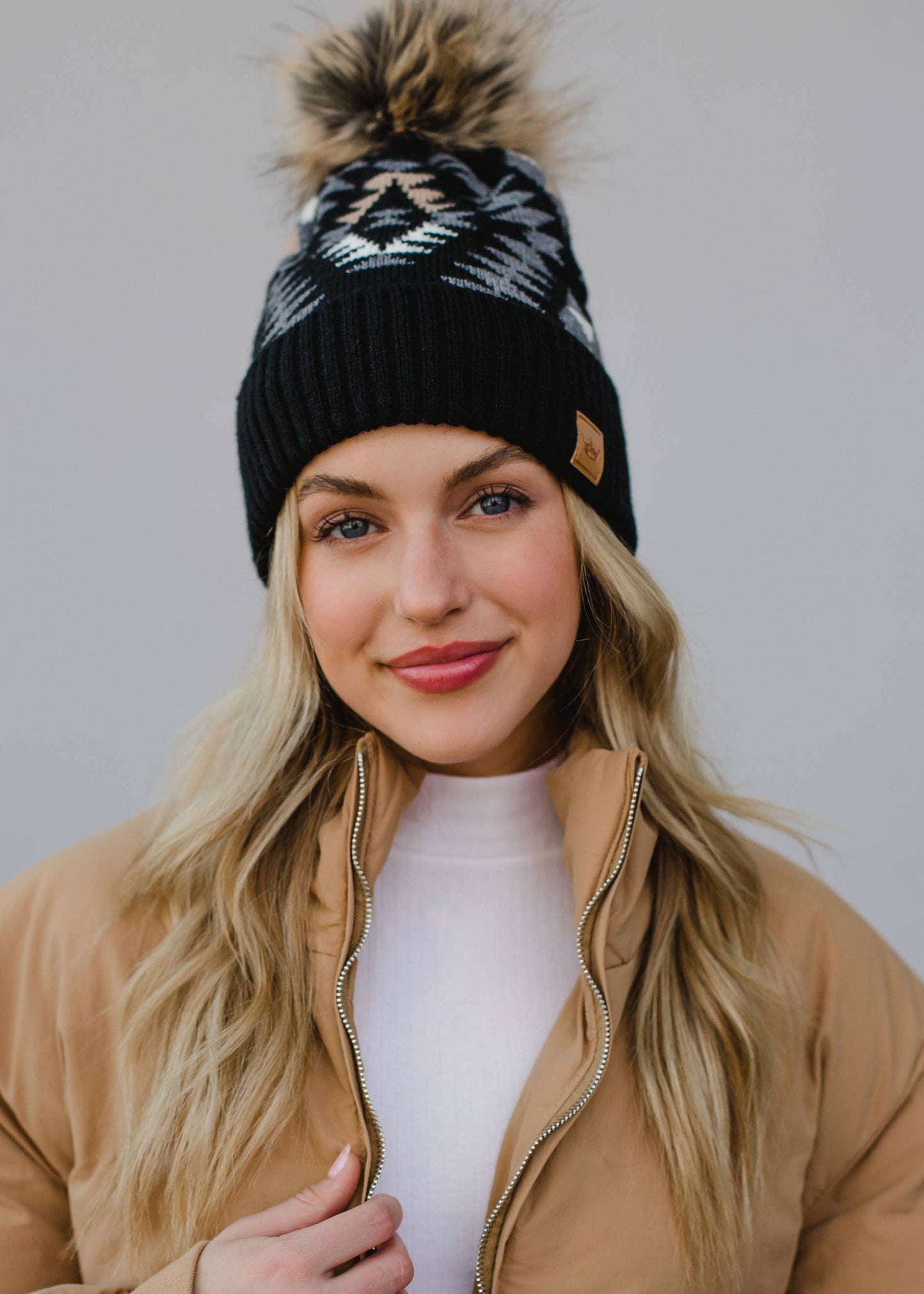 Black, Grey & Tan Tribal Pom Hat