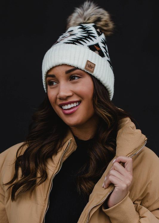 Cream, Black & Rust Tribal Pom Hat