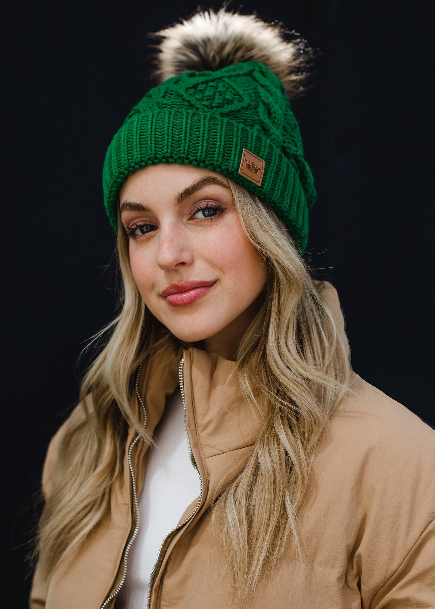 Classic Green Cable Knit Pom Hat