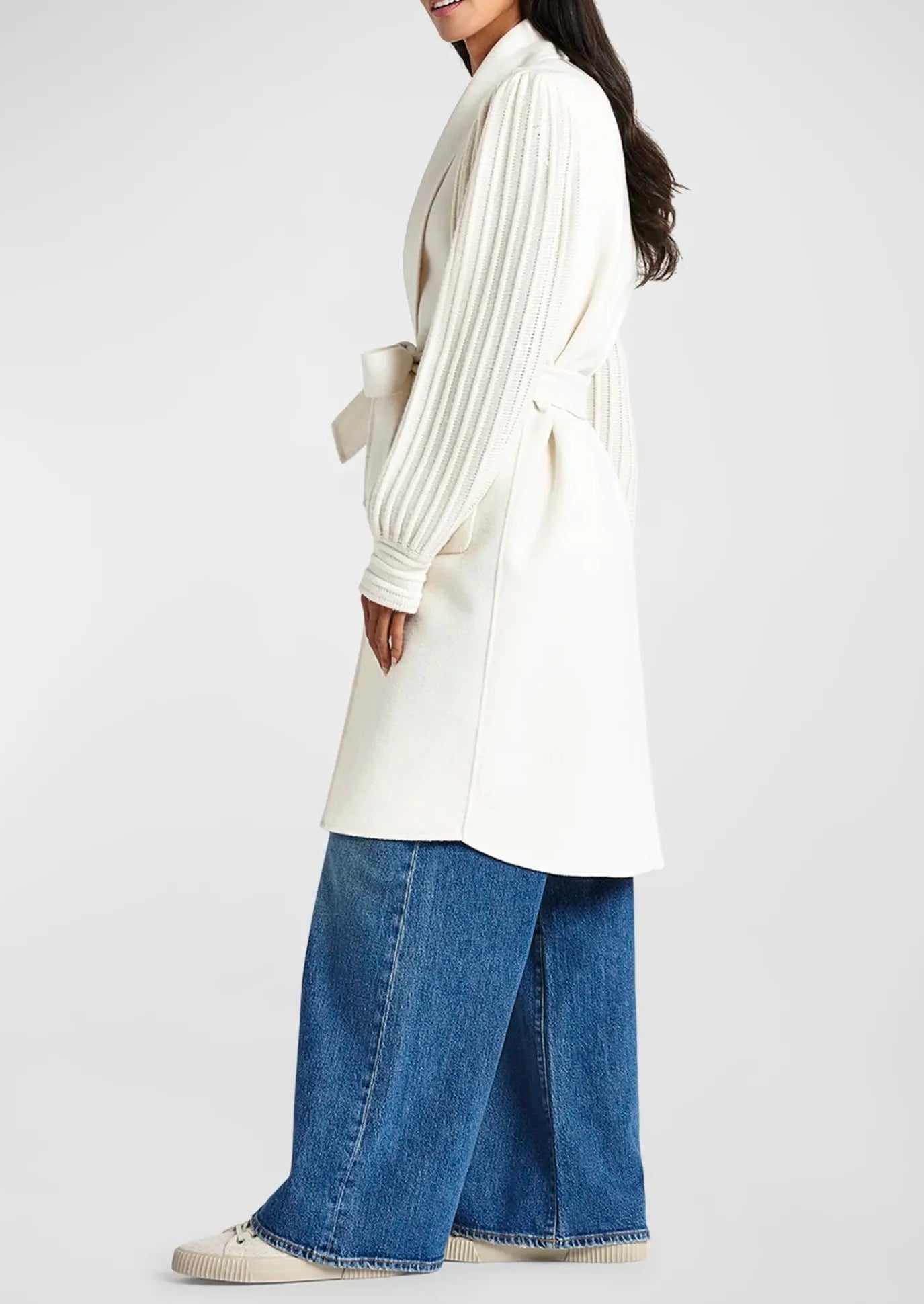 Ivy Snow Rib-Sleeve Belted Wrap Coat